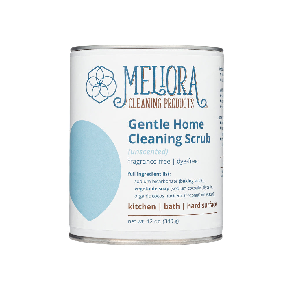 Meliora Gentle Home Cleaning Scrub Powder canister in unscented formula