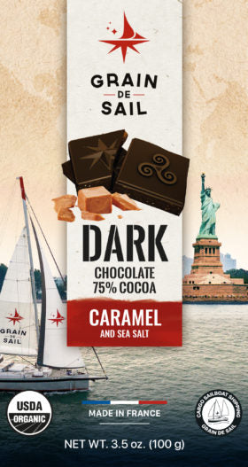 Experience the perfect blend of sweet and salty with our Dark 75% Cocoa Chocolate with Caramel and Sea Salt. This organic chocolate bar is a true indulgence.