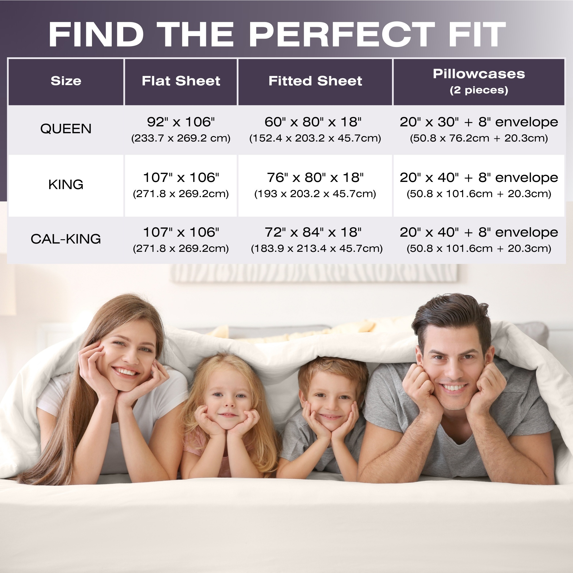 Bedding size chart with family on a bed for visual reference