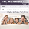 Bedding size chart with family on a bed for visual reference