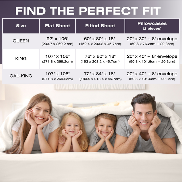 Bedding size chart with family on a bed for visual reference