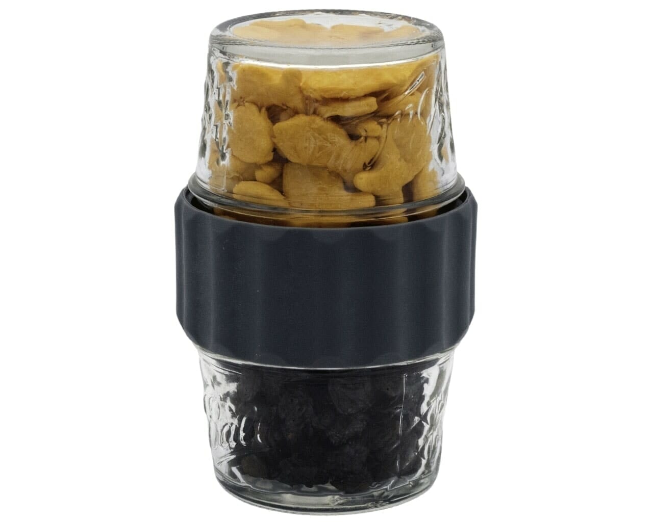 Glass container with a black base holding snacks on a white background