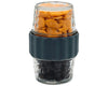 Glass container with a black base holding snacks on a white background