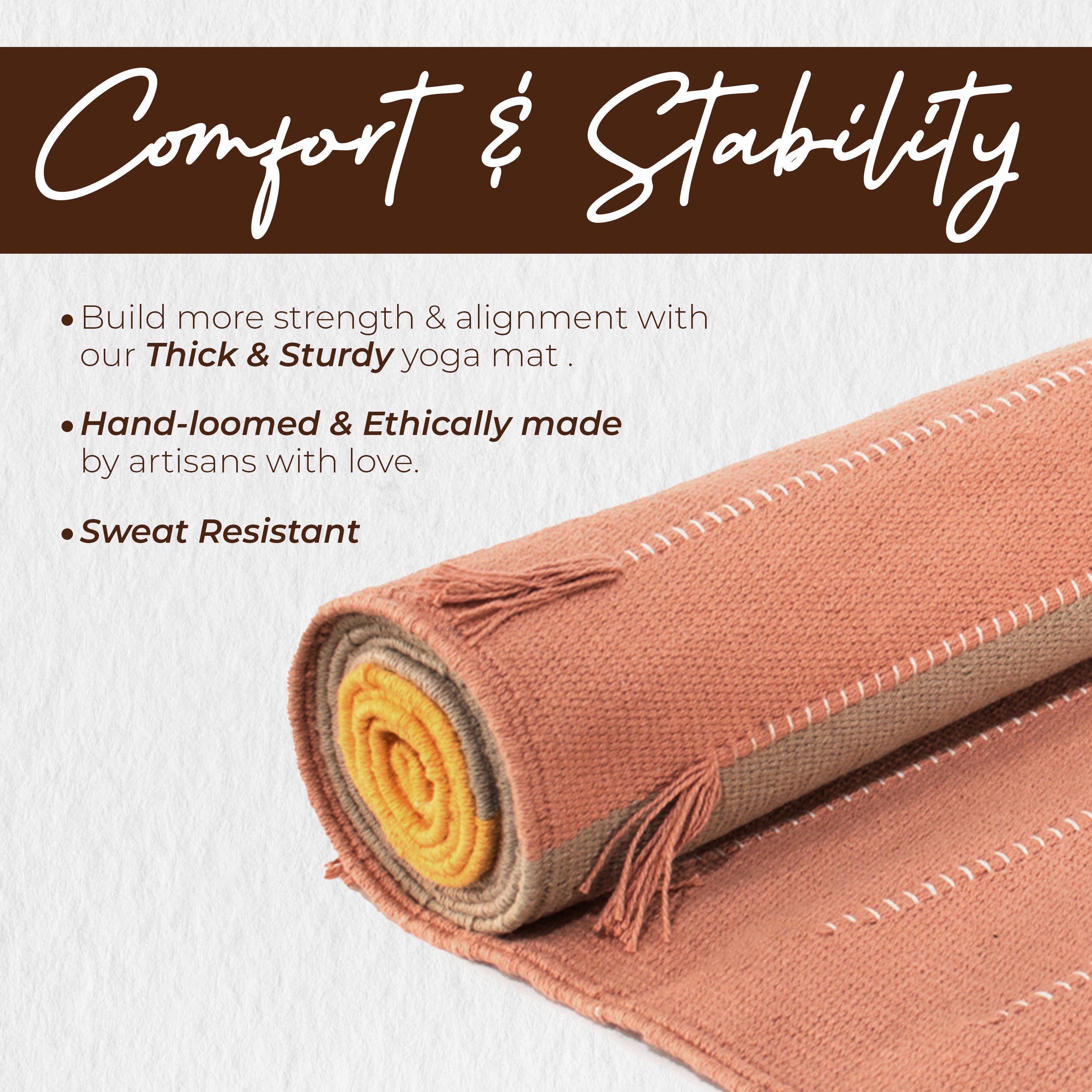 Rolling yoga mat with text about comfort, stability, thickness, and ethics on a white background.