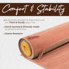 Rolling yoga mat with text about comfort, stability, thickness, and ethics on a white background.