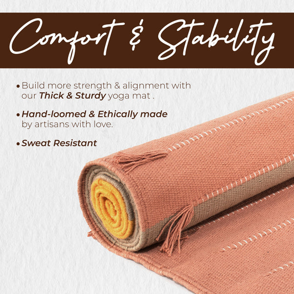 Rolling yoga mat with text about comfort, stability, thickness, and ethics on a white background.