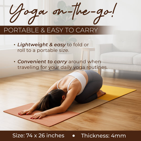 Woman practicing yoga on a portable mat with promotional text about its portability and ease of use.