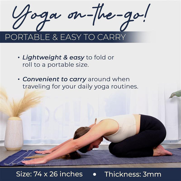 Person practicing yoga on a portable mat with promotional text about its portability and ease of use.