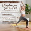 Woman practicing yoga on a pink mat with promotional text about all-natural yoga mats.