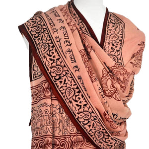Ganapati Meditation Shawl with red sandalwood natural dye and hand block-printed Ganesha mantra motifs, folded flat to show terracotta and black design