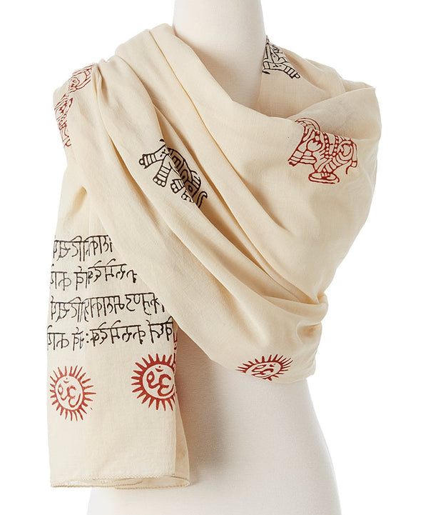 Cream 100% cotton Ganesh Mantra Blessing Shawl with sacred chants and sun motifs, handmade in India