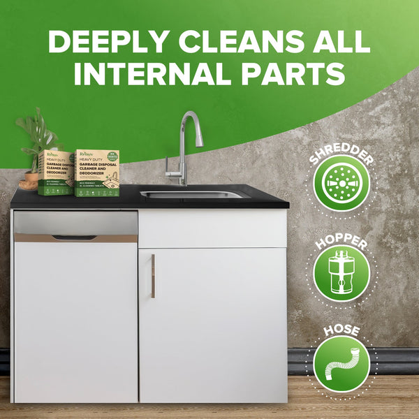 Kitchen setup with cleaning products and text indicating cleaning capabilities on a green background