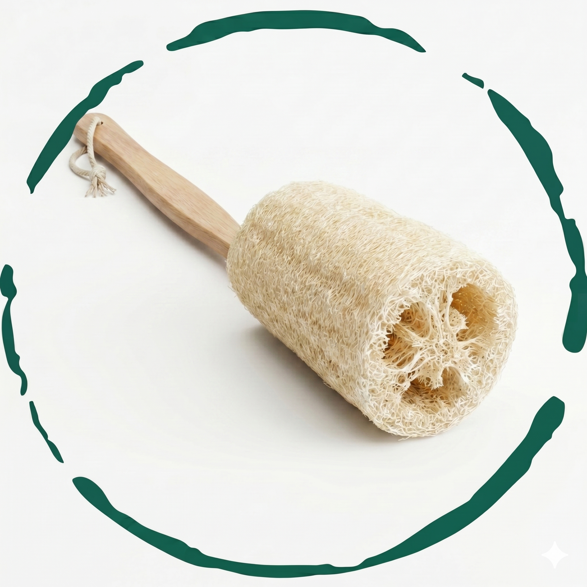 BeNat natural loofah bath brush with long wooden handle on a clean background
