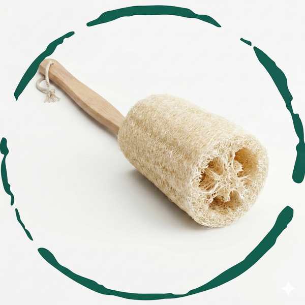 BeNat natural loofah bath brush with long wooden handle on a clean background