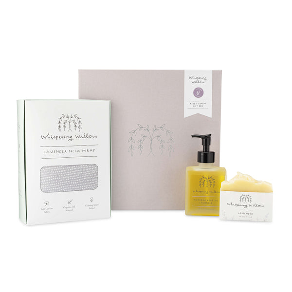 Lavender Rest & Renew Gift Box - Unwind, relax, & radiate! Luxurious lavender spa kit - neck wrap, soap, body oil. Perfect self-care gift. Shop now!