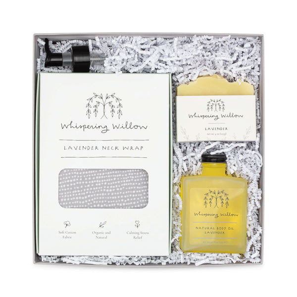 Lavender Rest & Renew Gift Box - Unwind, relax, & radiate! Luxurious lavender spa kit - neck wrap, soap, body oil. Perfect self-care gift. Shop now!