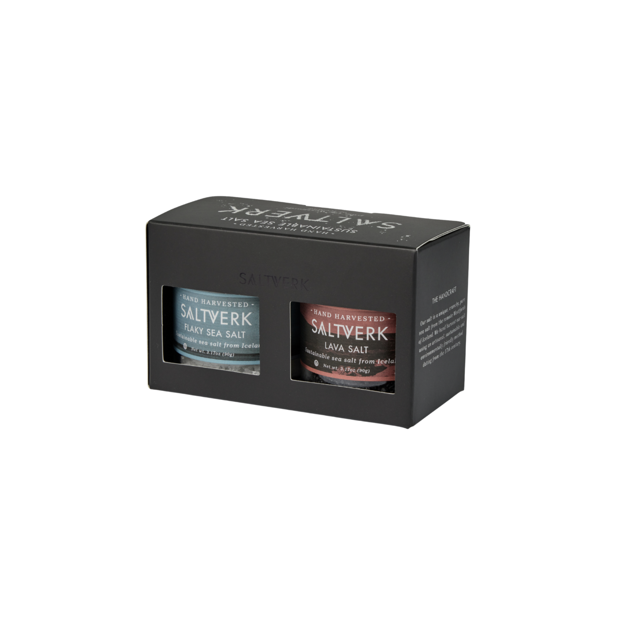 Two salt containers in a black box with 'Saltverk' branding on a white background.