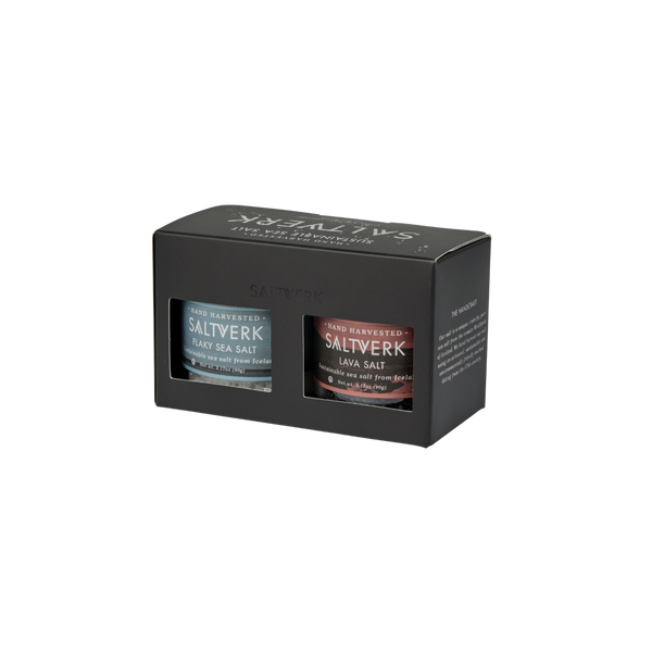 Two salt containers in a black box with 'Saltverk' branding on a white background.