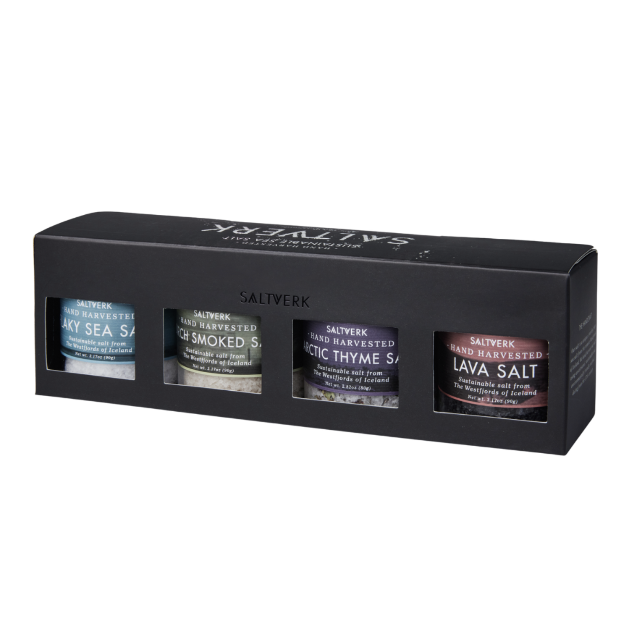 Black box of Saltwerk salt containers on a white background