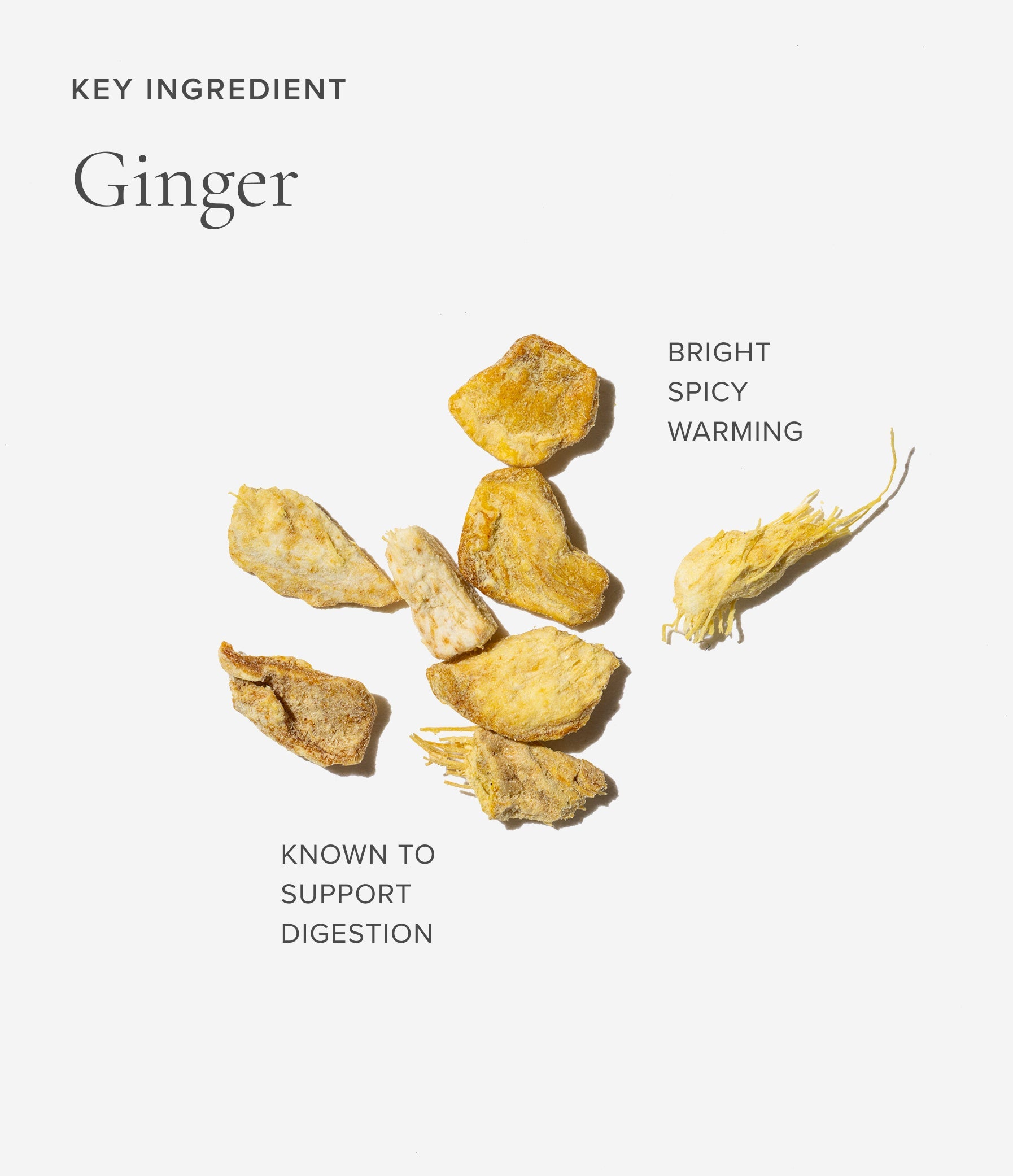 Dried ginger root on a white background with text describing its properties and uses.