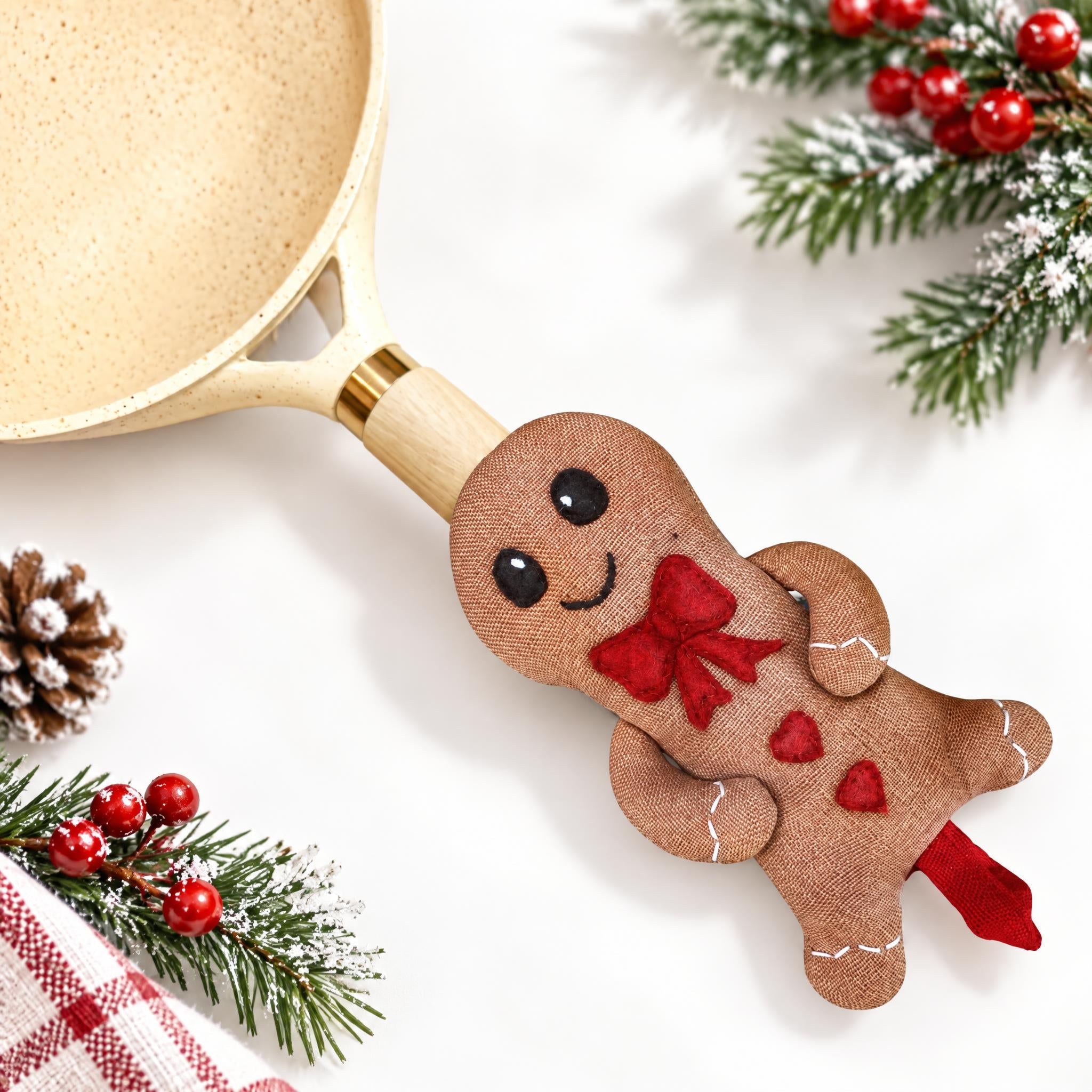 Gingerbread Man Skillet Handle Holder shown in a kitchen setting