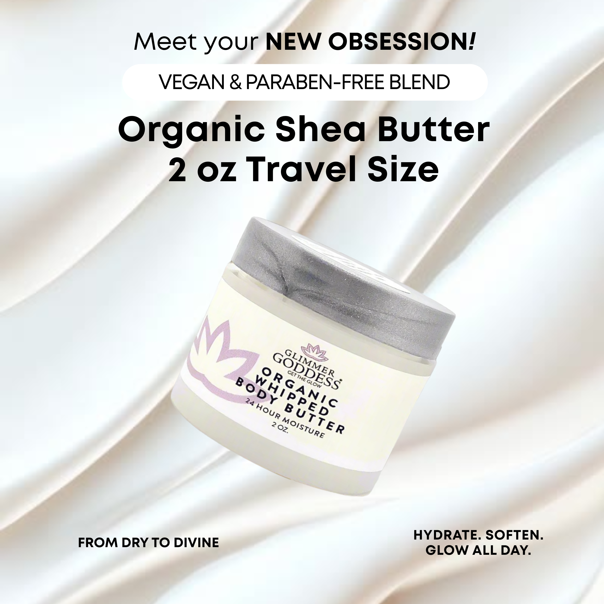 Glimmer Goddess 2 oz whipped body butter in 40 essential oil scents — TSA-approved travel size