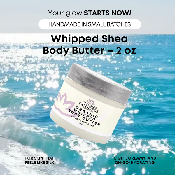 Whipped shea body butter jar with ocean background and promotional text.