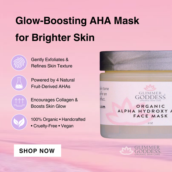 Glimmer Goddess Alpha Hydroxy Acid face mask with glycolic and lactic acid for exfoliation and glow