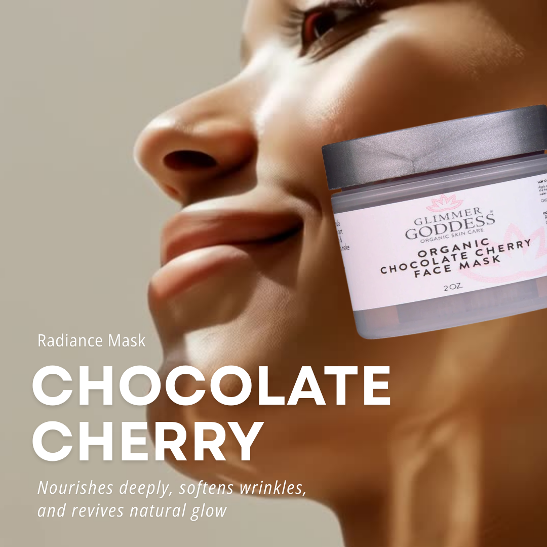 Glimmer Goddess Organic Chocolate Cherry Antioxidant Face Mask promotional image with ingredients