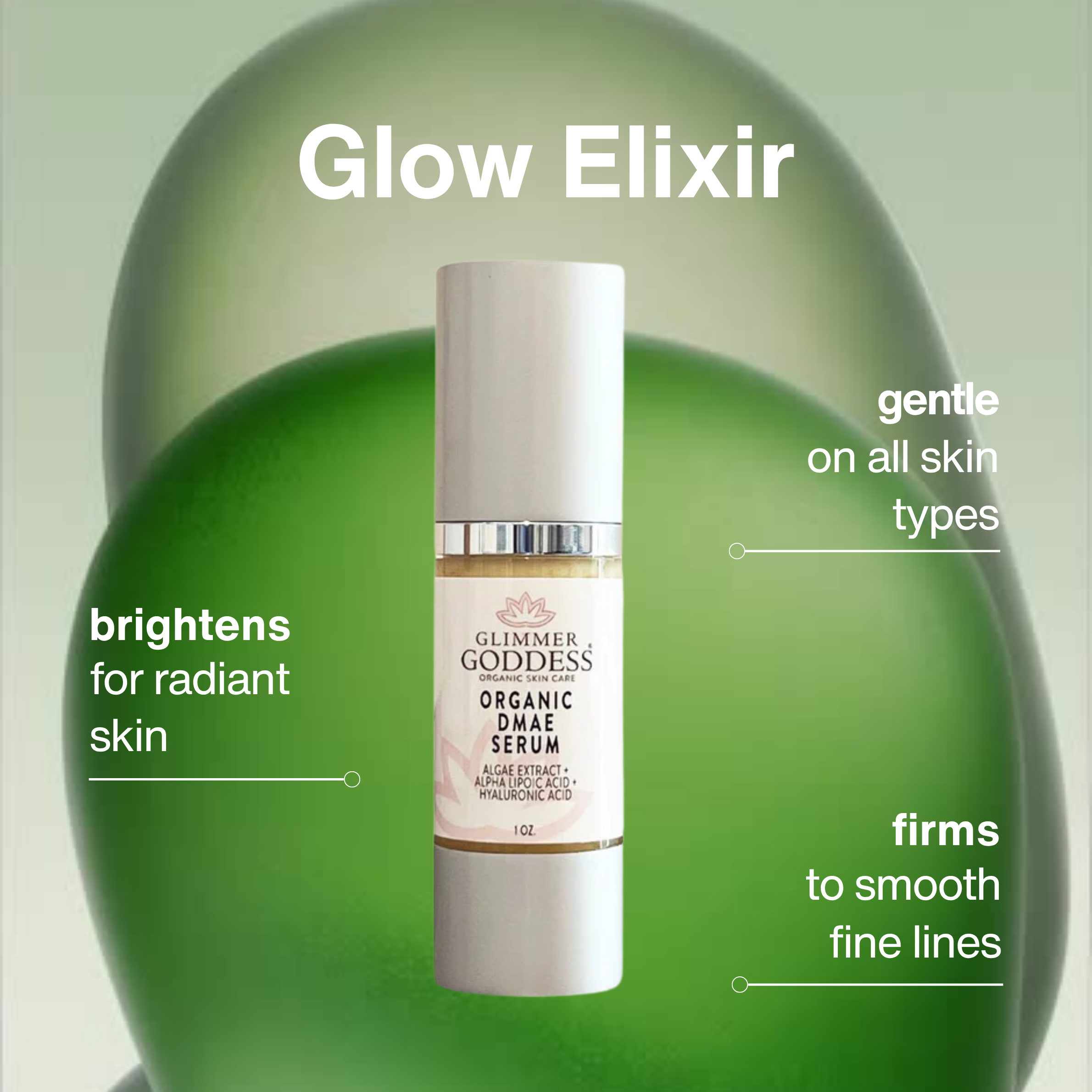 Glimmer Goddess organic DMAE serum promotional image showing firming and lifting benefits for face and jawline
