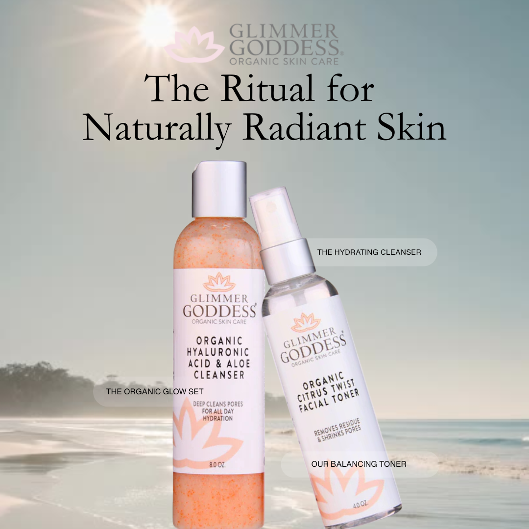 Glimmer Goddess skincare products with a beach background