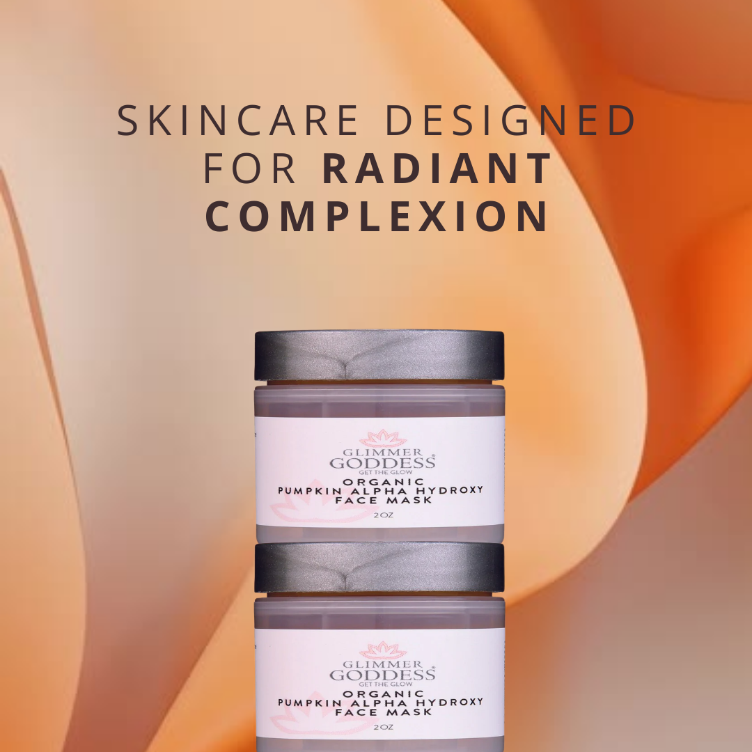 Glimmer Goddess Organic Pumpkin Alpha Hydroxy Acid Face Mask lifestyle ad showing glowing skin results