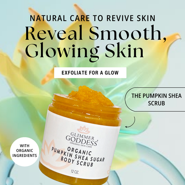 Glimmer Goddess Pumpkin Shea Butter Sugar Scrub promotional image with fall seasonal styling