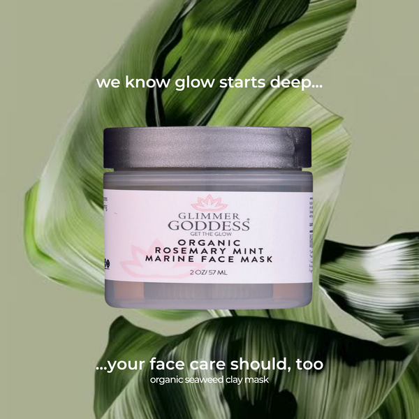 Glimmer Goddess Organic Rosemary Mint Algae Face Mask lifestyle promotional image showing product benefits