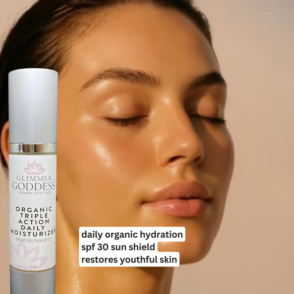 Woman with closed eyes and a bottle of 'Glimmer Goddess' moisturizer on a beige background