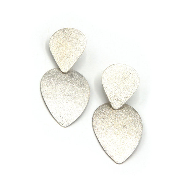 Glitz Teardrop Earrings in silver-plated recycled metal, side profile view showing full drop length