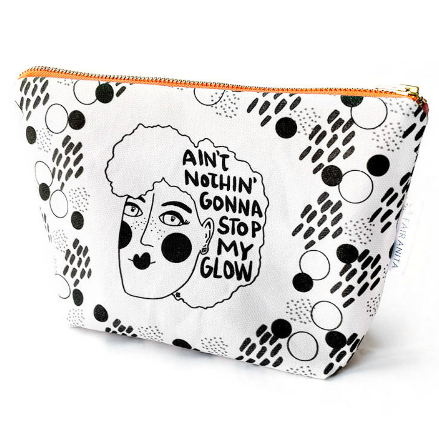 Glow Cosmetic Bag by Fair Anita with inspirational quote and Artifacts of Joy artwork, front view