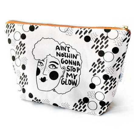 Close-up of Glow Cosmetic Bag featuring 'Ain't nothing gonna stop my glow' print by Artifacts of Joy