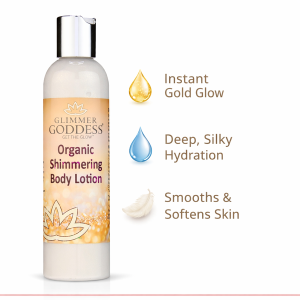 Glimmer Goddess Organic Gold Shimmer Body Lotion bottle on a clean white background