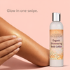 Close-up of Organic Gold Shimmer Body Lotion texture showing lightweight, luminous formula