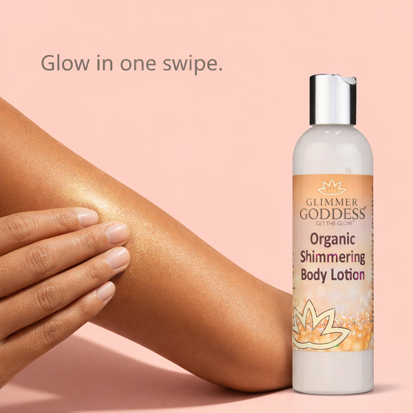 Close-up of Organic Gold Shimmer Body Lotion texture showing lightweight, luminous formula