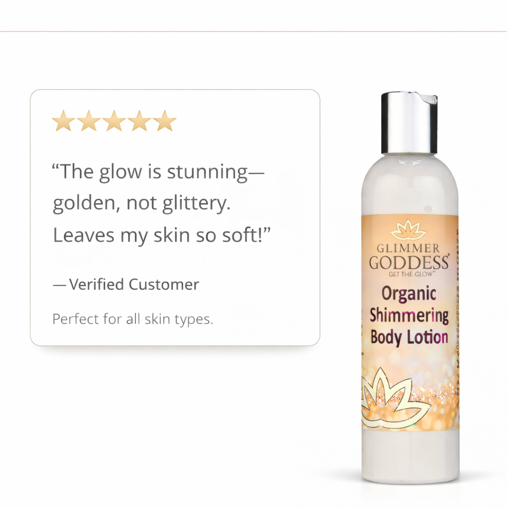 Gold shimmer body lotion applied to skin showing a radiant, natural glow finish