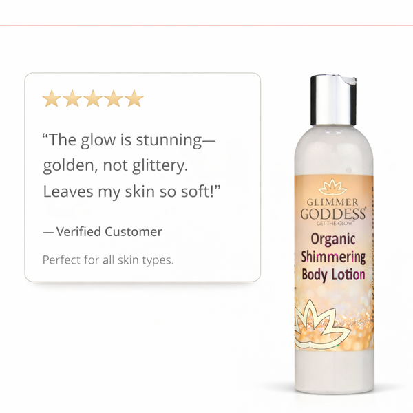 Gold shimmer body lotion applied to skin showing a radiant, natural glow finish