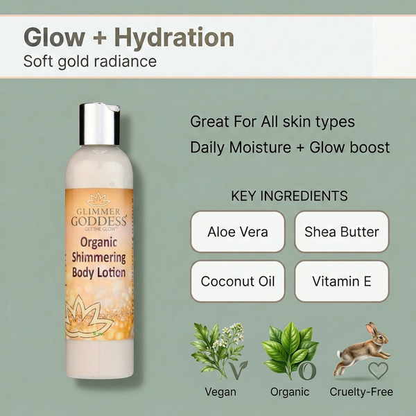 Glimmer Goddess Organic Shimmering Body Lotion with key ingredients and product features on a green background