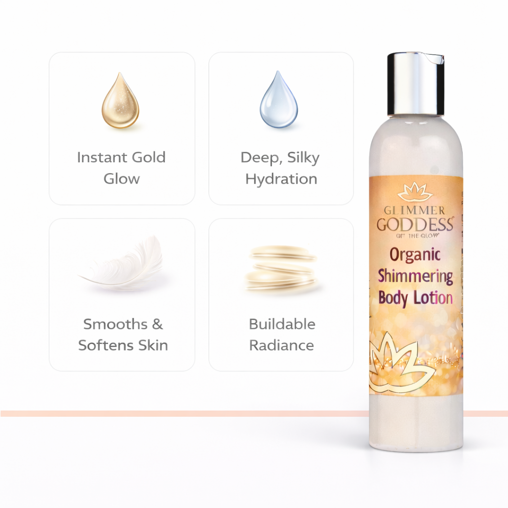 Glimmer Goddess organic shimmer lotion product detail shot highlighting gold shimmer particles