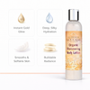 Glimmer Goddess organic shimmer lotion product detail shot highlighting gold shimmer particles