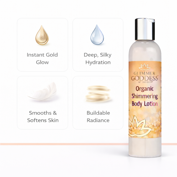 Glimmer Goddess organic shimmer lotion product detail shot highlighting gold shimmer particles