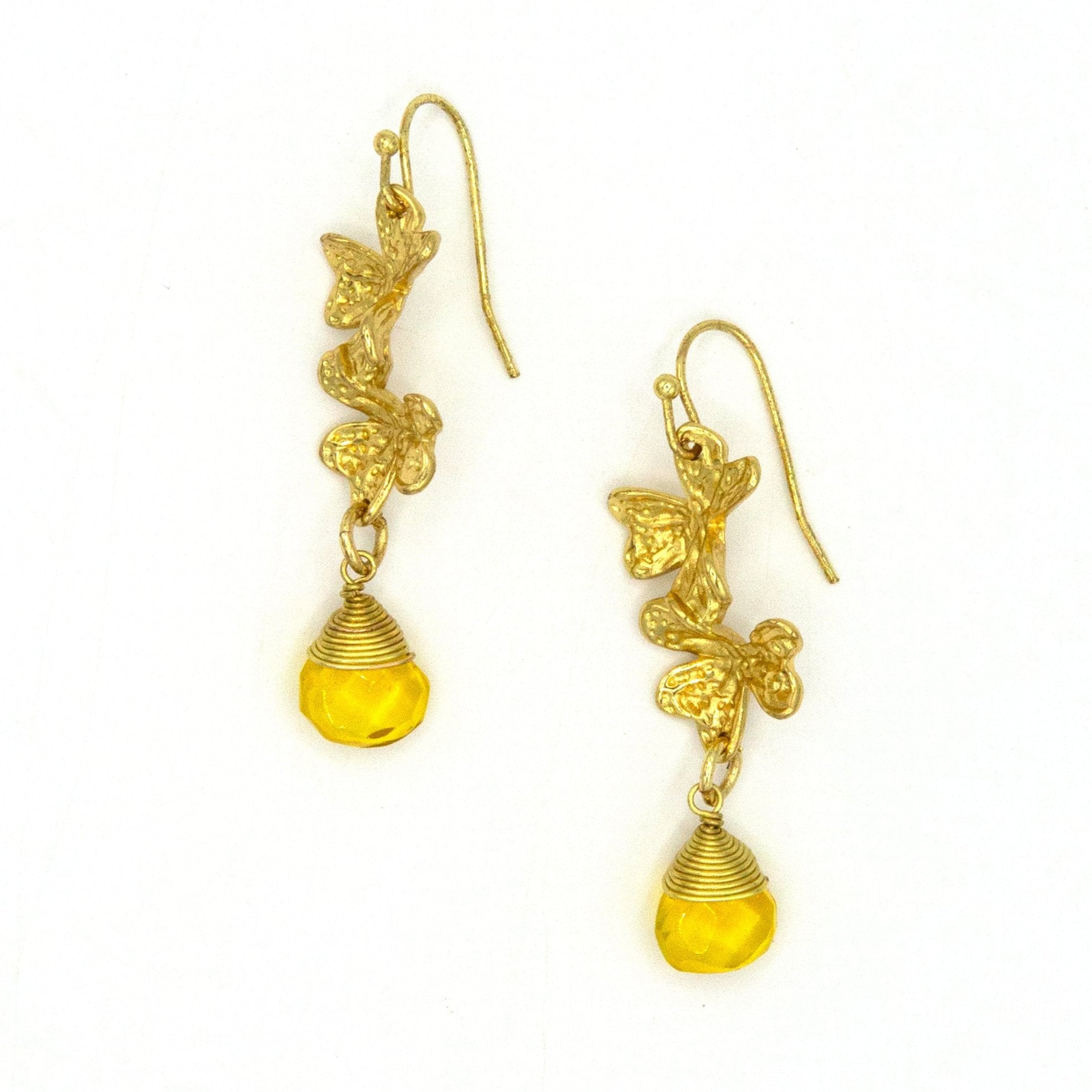Golden Clover Field Earrings in gold-plated recycled brass by Fair Anita — nickel-free drop earrings with a clover botanical design