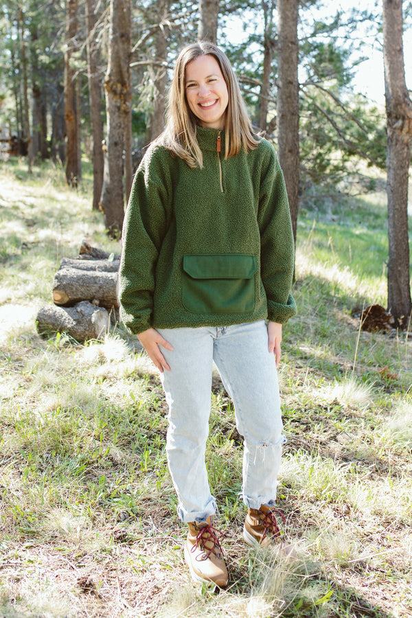 ADULT SHERPA ZIP PULLOVER | SPRUCE