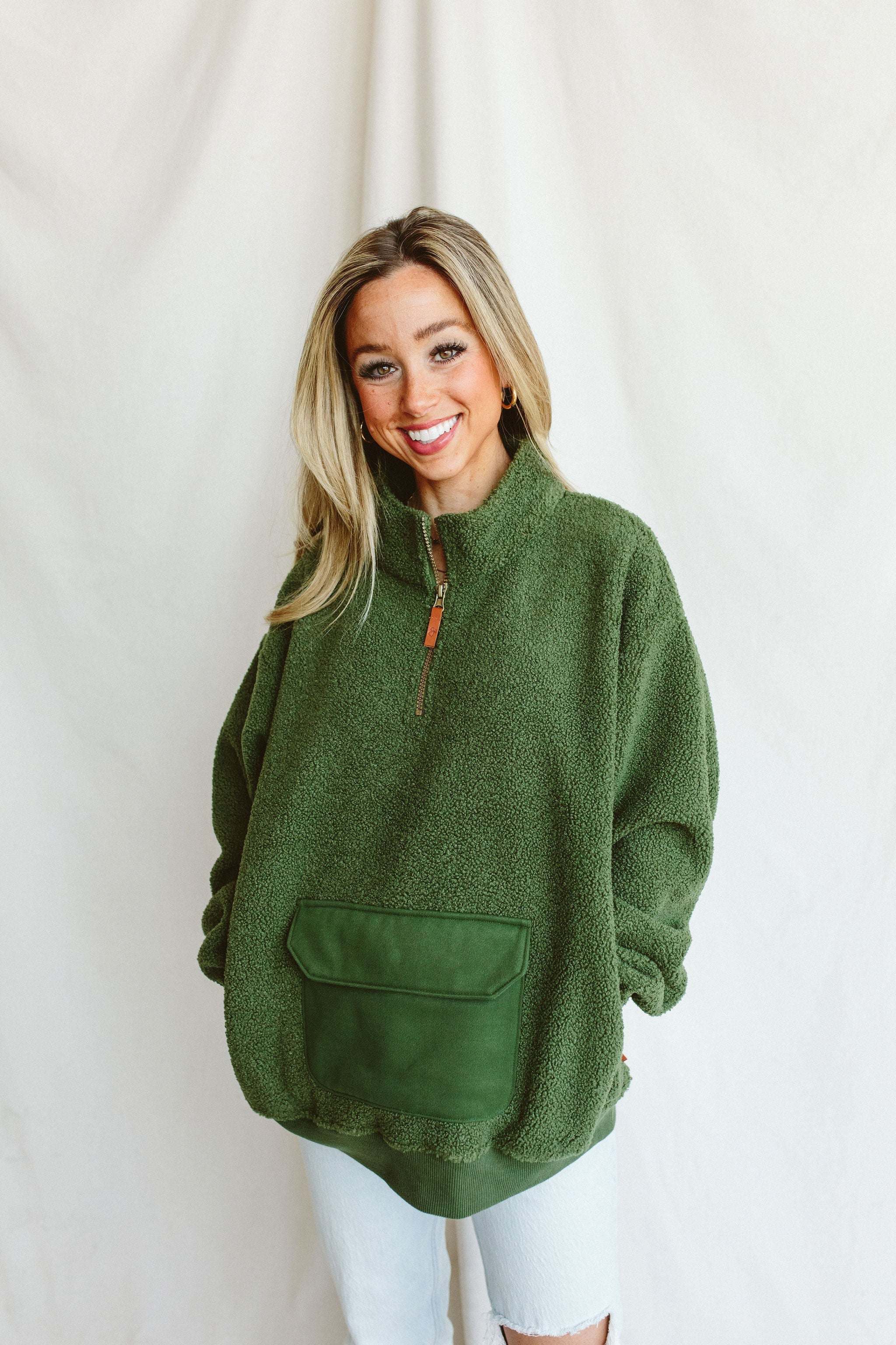 ADULT SHERPA ZIP PULLOVER | SPRUCE